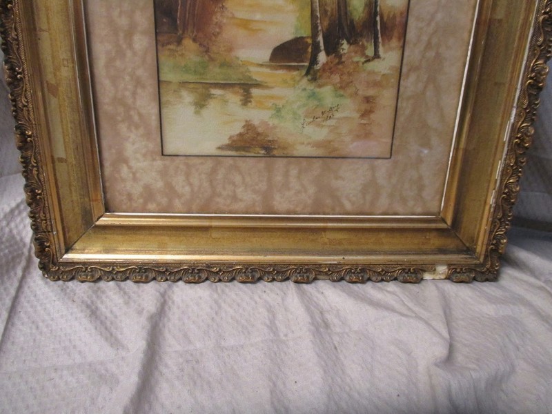 Antique 1908 Woodland Landscape Watercolor Painting with Frame | See Signature gallery