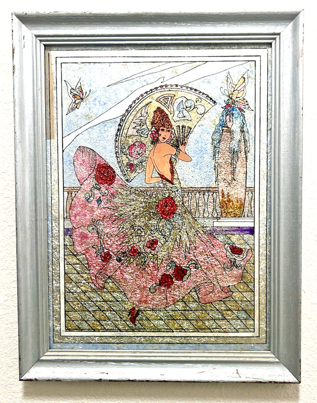 Vintage Art Nouveau Colorful Reverse Painted Foil Art Dancing Lady 1940s Framed