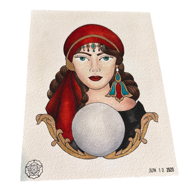 Vintage Fortune Teller Tattoo Flash Art Print – Fortune Teller with Crystal Ball
