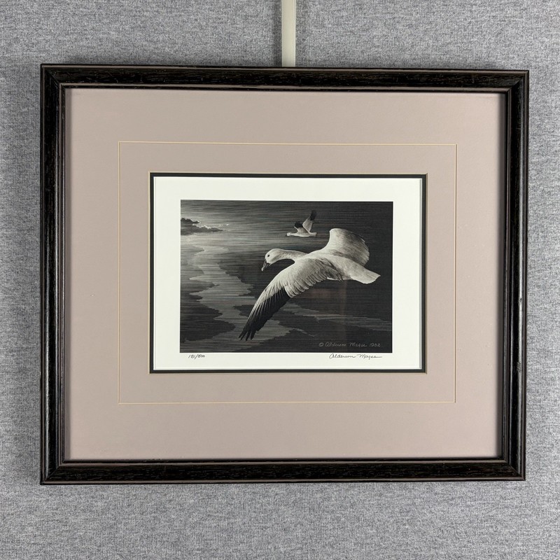 Alderson Magee 1982 Flying Geese Signed Scratchboard Lithograph 131/500 Framed