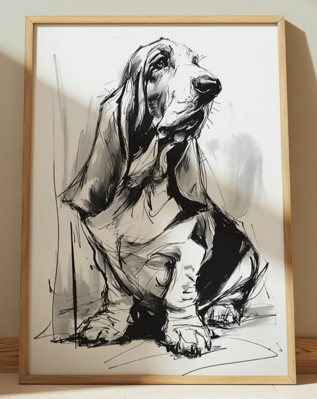 BASSET HOUND PORTRAIT INK DRAWING PRINT SKETCH 8″ x 10″ DOG WALL ART