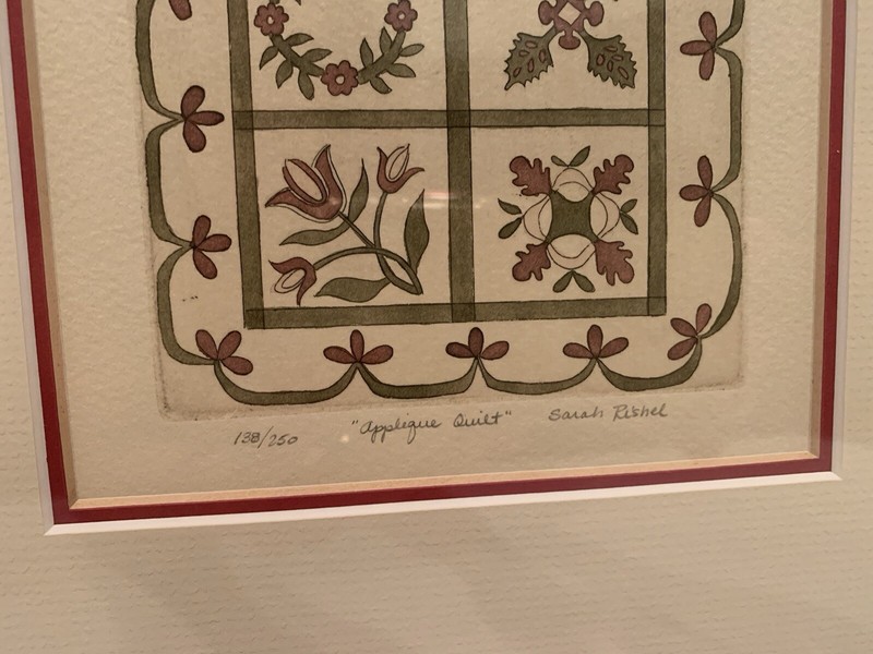 Vintage Sarah Rishel Framed "Applique Quilt" Print Numbered & Signed 14 x 13 gallery