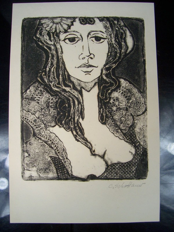 VTG Flower Lady Lithograph Pressed 1946-59 SIgned By C. Kelm