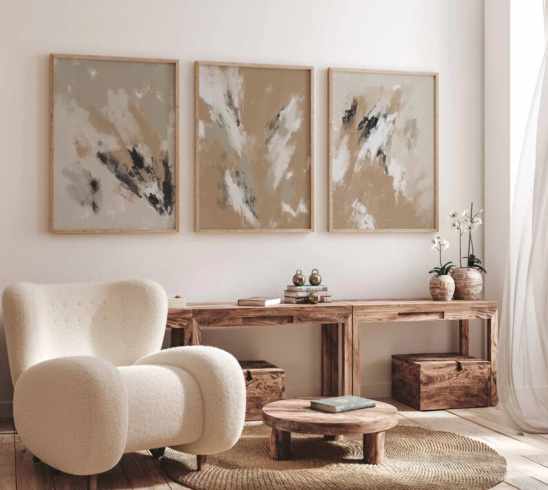 Abstract Gallery Wall Art Set of 3 Neutral Posters Living Room Bedroom Pictures