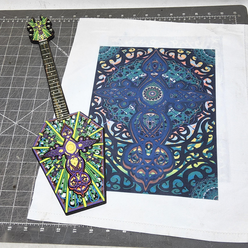 Combo set 5×17 crucifix coffin lid art guitar laser cut & 9×12 cross print holy