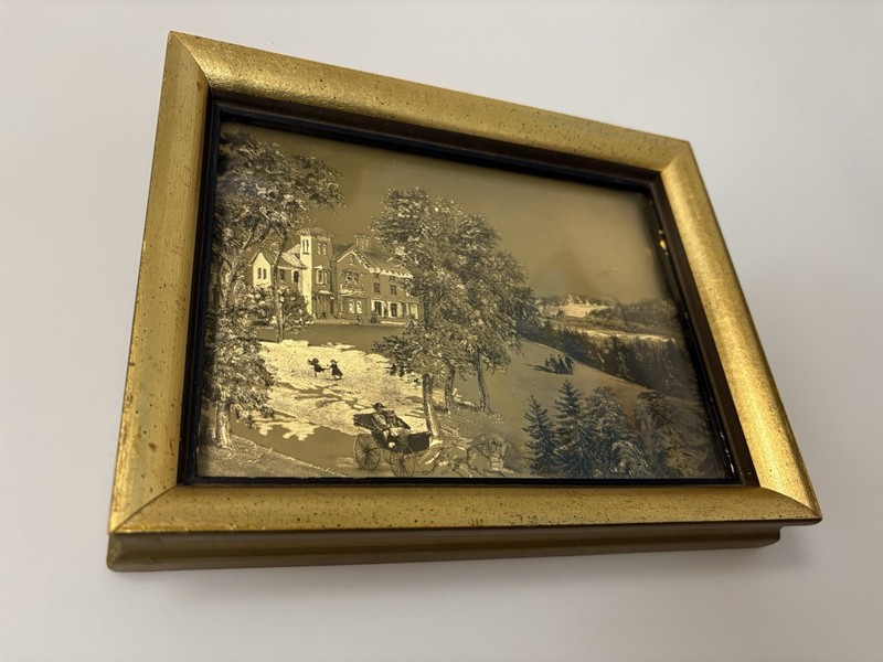 Vintage Framed Foil Etching Landscape Carriage Scene Gold Tone Wall 1970’s Art