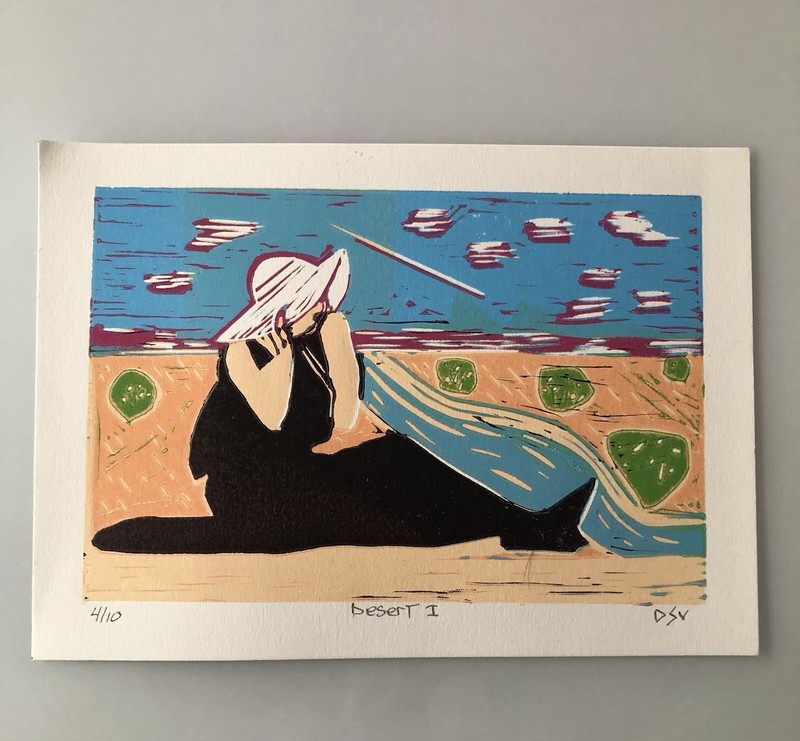 5″ x 7″ Reduction Linocut Print 6 Color Unframed “Desert I” #4/10 Cactus Lady