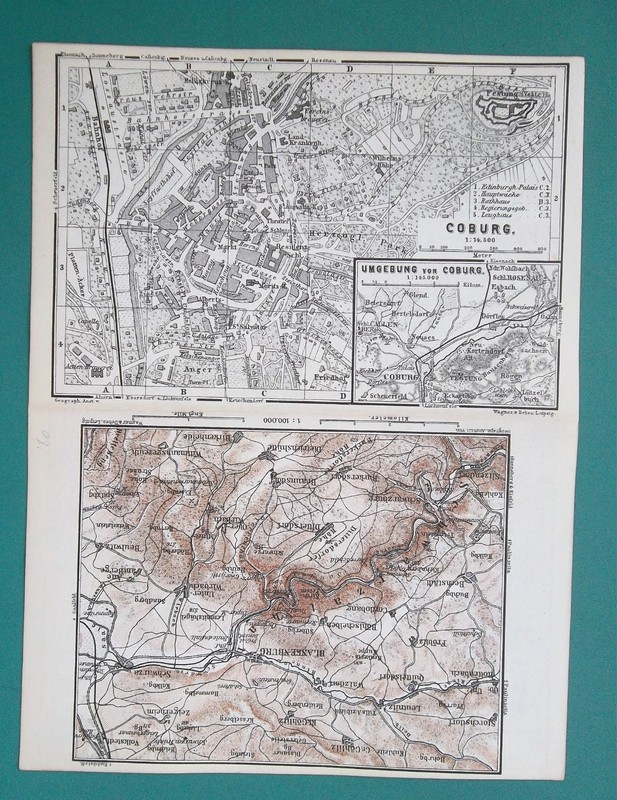 COBURG City Plan Thuringer Forest Schwarzatal – 1886 Baedeker Map 6×8″ 15×20 cm