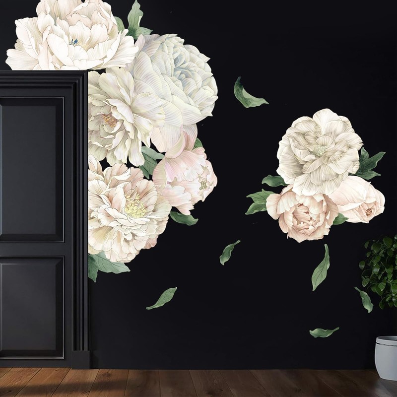 Romantic White Peony Wall Decals, Large Flower Vinyl Wall Art for Nursery & W...
