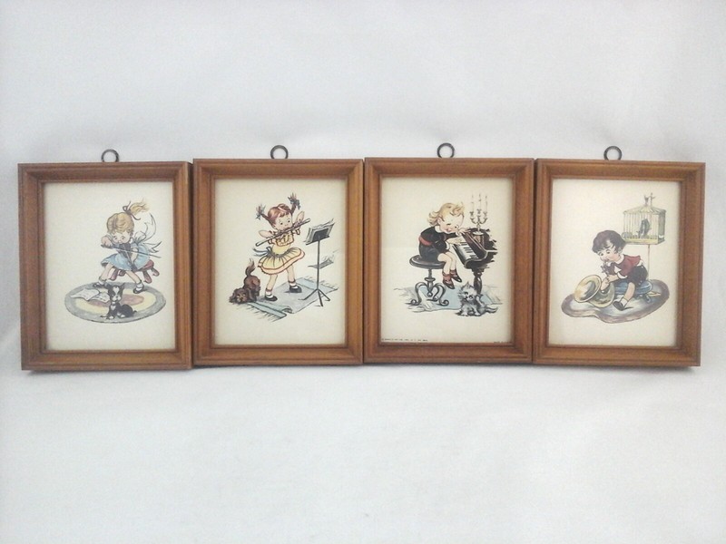 Art Prints Vintage Girls Boys Playing Music Piano Flute Dogs Cat 60s Set of 4