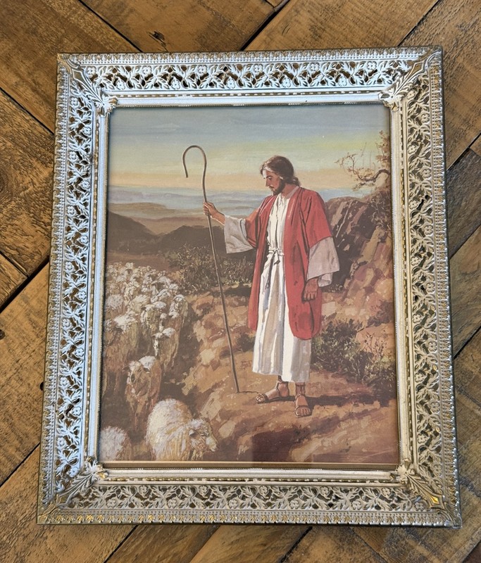 Vtg 50s-70s Print & Frame of Jesus The Good Shepherd, Flock Sheep Staff 12”x10”