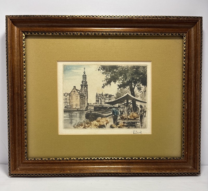 Framed Signed Amsterdam Art, River and Market Scene