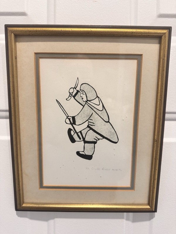 Vintage Inuit Print – Hunter Figure, Clyde River N.W.T. – Framed 12×10 in