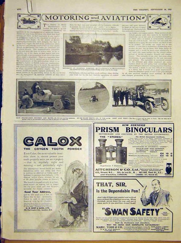 Original Old Antique Print Motor-Car Cadillac Lisle Daimler Peugeot Napier 1912