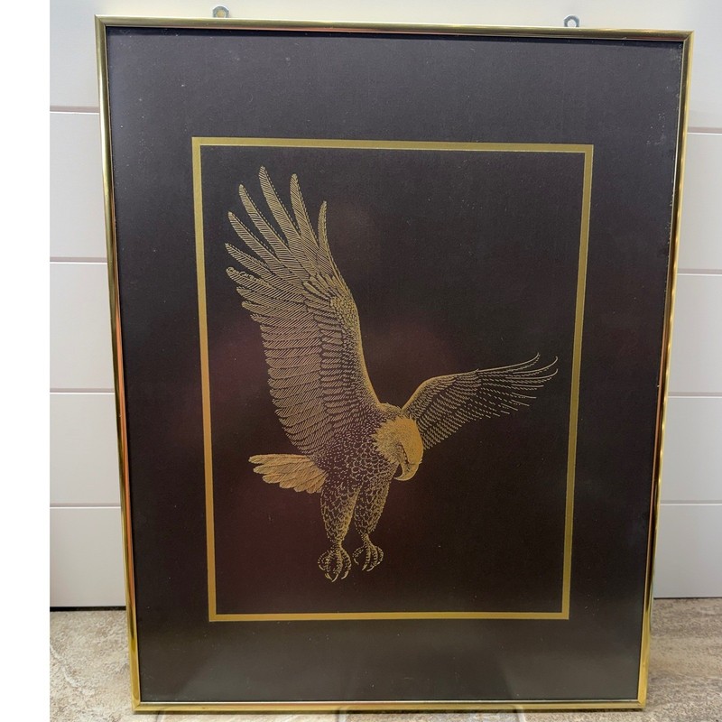 Vintage 1983 Paul M Breeden Gold Foil Bald Eagle Art Print Framed 16×20 Black