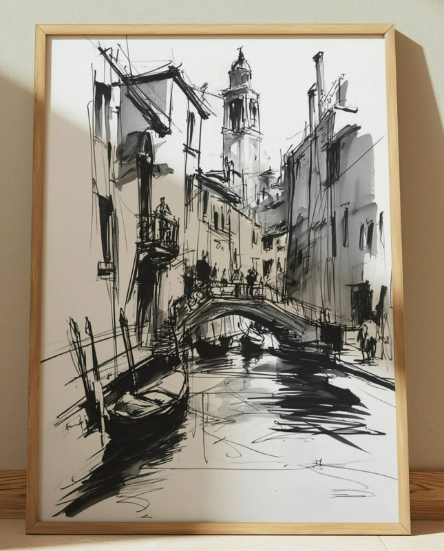 VENICE CANALS ITALY INK DRAWING PRINT SKETCH 8″ x 10″ VENICE CANALS ITALY