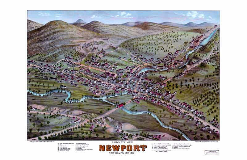 1877 Birds Eye View of Newport, NH Vintage Map 11" x 17" Art Print Reprint