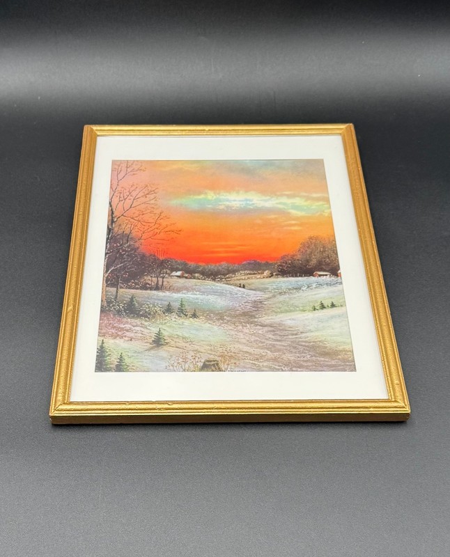 Framed Winter Landscape Print Sunset Snow Cabin Scene Vintage Farmhouse Art