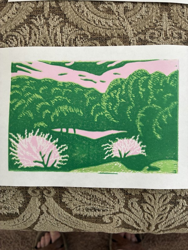 5" x 7" Reduction Linocut Print 8 Color Unframed “pond” #5/20 DSV gallery