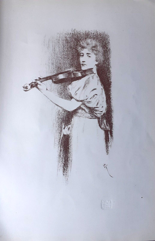 1898 – SYMBOLIST AUTO-LITHOGRAPH by FERNAND KHNOPFF (1858-1921) : THE VIOLINIST