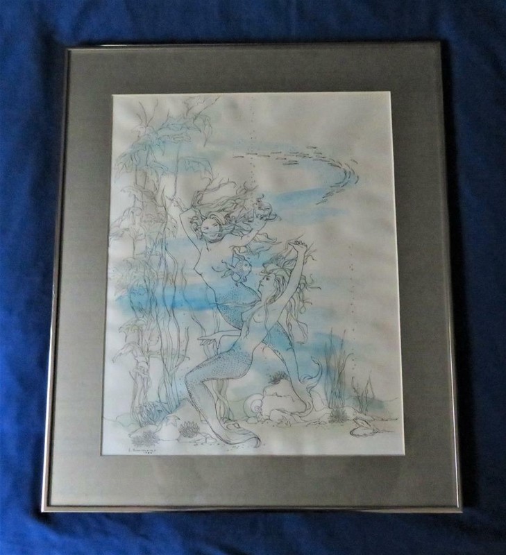 L. Simmons, MERMAIDS, Nude Litho Print, Framed, Signed, 15 1/4″ by 19 3/8″ Print