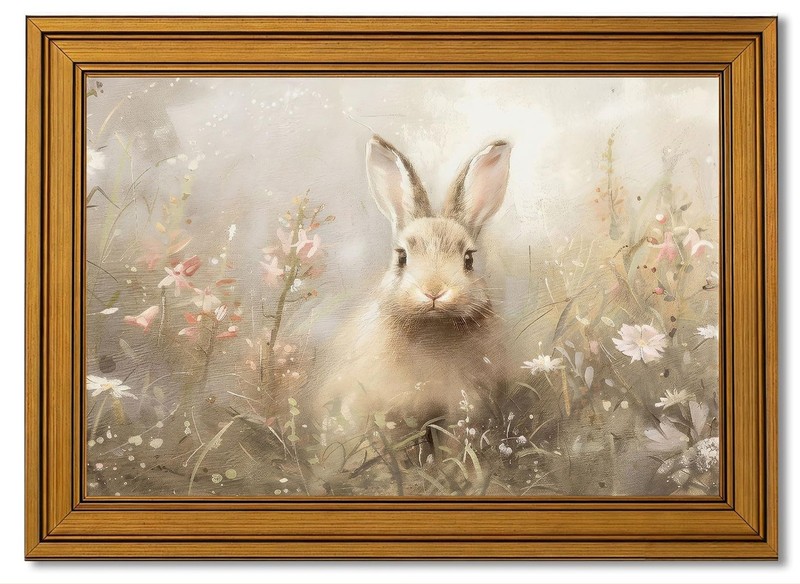 Gold Framed Vintage Easter Bunny Canvas Wall Art Neutral Rabbit Meadow Painti...