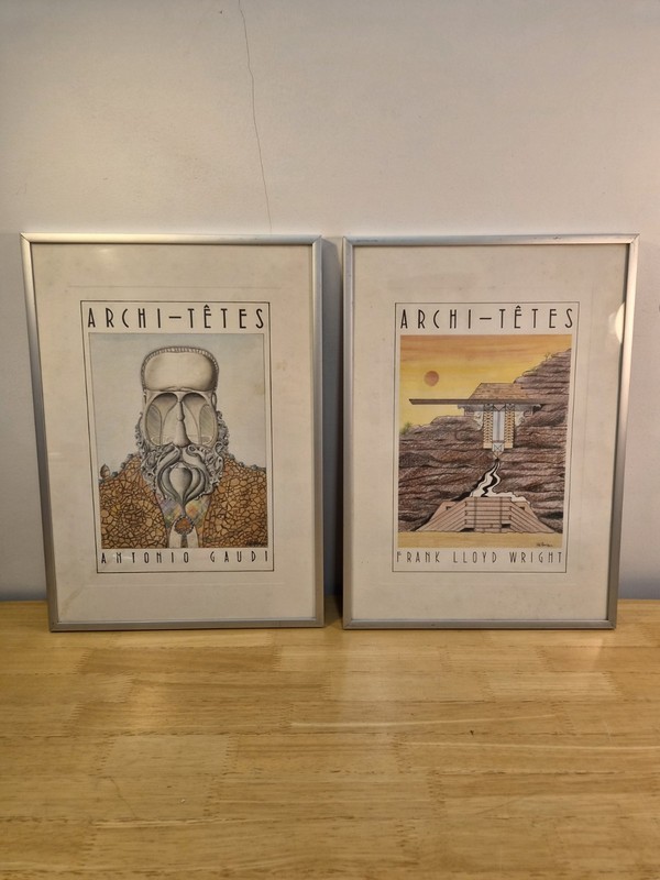 Pair Of Vintage Louis Hellman’s Archi-Têtes Prints Framed Wright And Gaudi 1980s