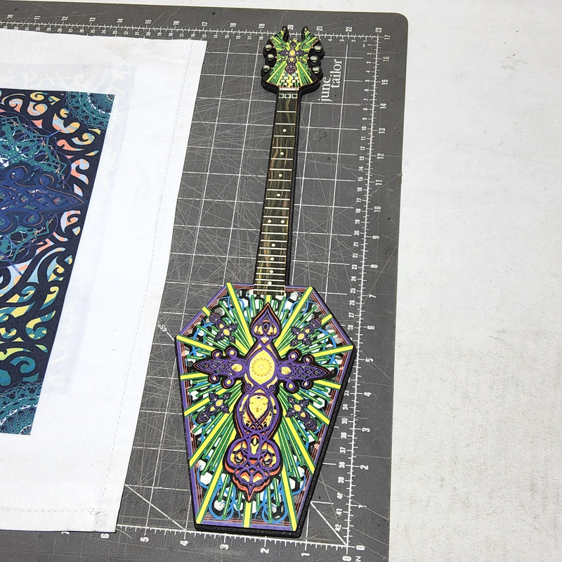 Combo set 5x17 crucifix coffin lid art guitar laser cut & 9x12 cross print holy gallery