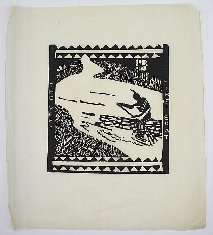 Primitive Folk Art Tile Cut on Paper ca1925 THE VERY FIRST BOAT 11″ x 14″