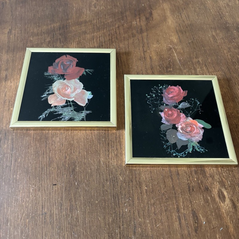 Vintage Kafka Foil Etched Art Roses In Gold Frame 6×6” Gallery Wall Set Of 2