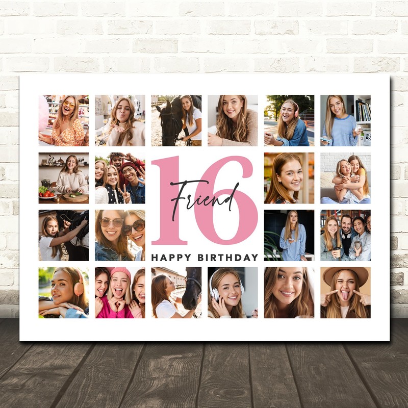 Photo Collage 16th Birthday Gift For Friend 20-Photo Landscape Print Or Canvas