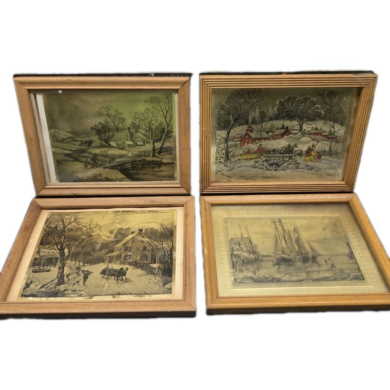 4 Vintage Framed 6”x 8” CURRIER & IVES Metalcraft Gold Foil Pictures