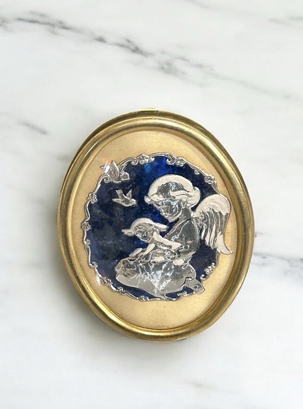 Vtg Silver Angel Cherub Blue Foil Metal Brass Toned Easel Concave Frame 4″ x 3″
