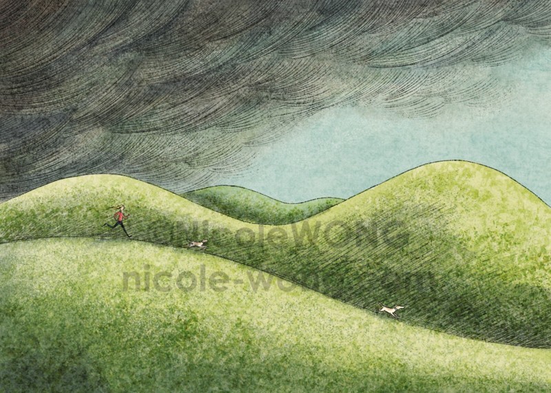 ACEO archival PRINT – RUN BEFORE THE STORM – dogs pets animals Landscape running