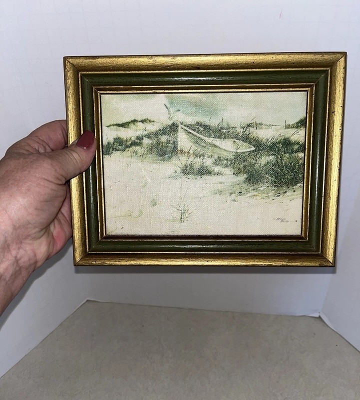 Vtg Small Seashore Boat Painting Print On Canvas Framed Nautical Beach 8.5x6.5” gallery