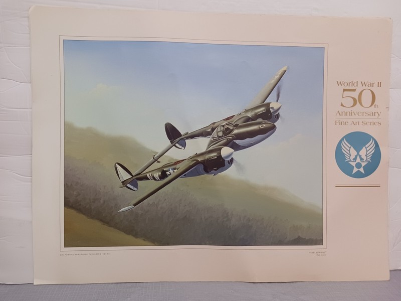 Dick Kramer Art Ptint Lockheed P-38 Lightning by 24 X 17. 50 Yr Anniversary