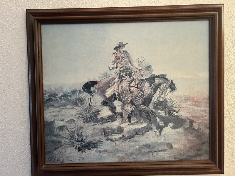 Charles M Russell 25 X 21 in Lithograph Print on Canvas of Riding Line 1864-1926