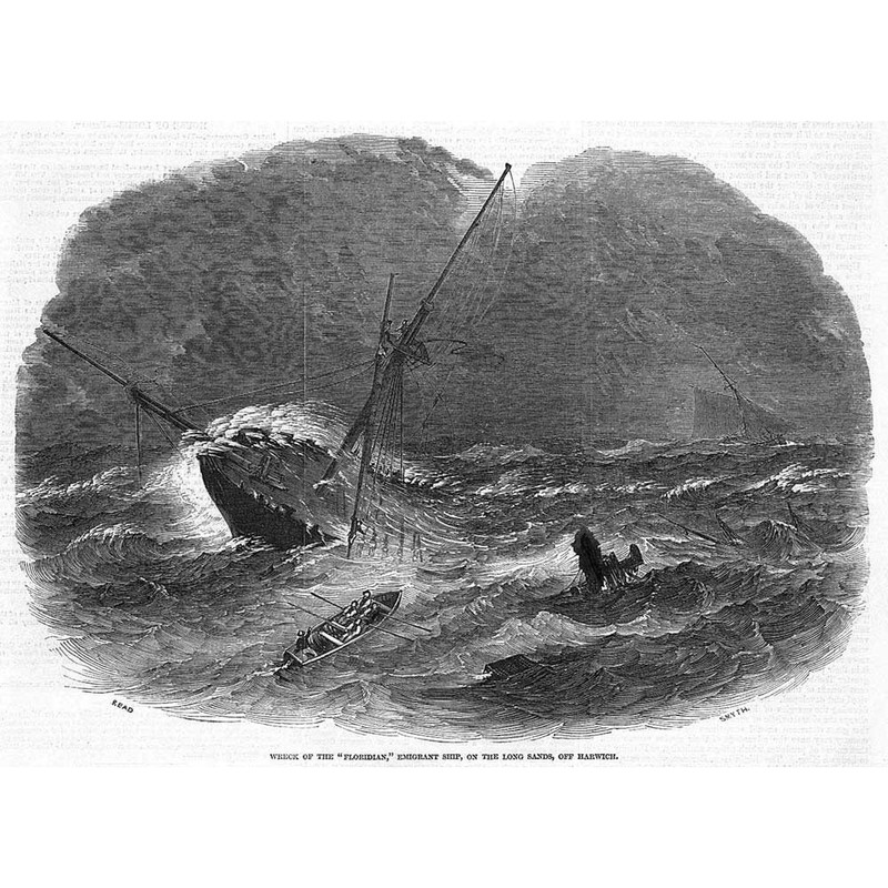 SHIPS Wreck of the Floridian on Long Sands off Harwich – Antique Print 1849