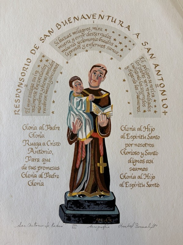 Isabel Bernal Carlos Anzueta Signed/Numbered Serigraph San Antonio de Padua ‘84
