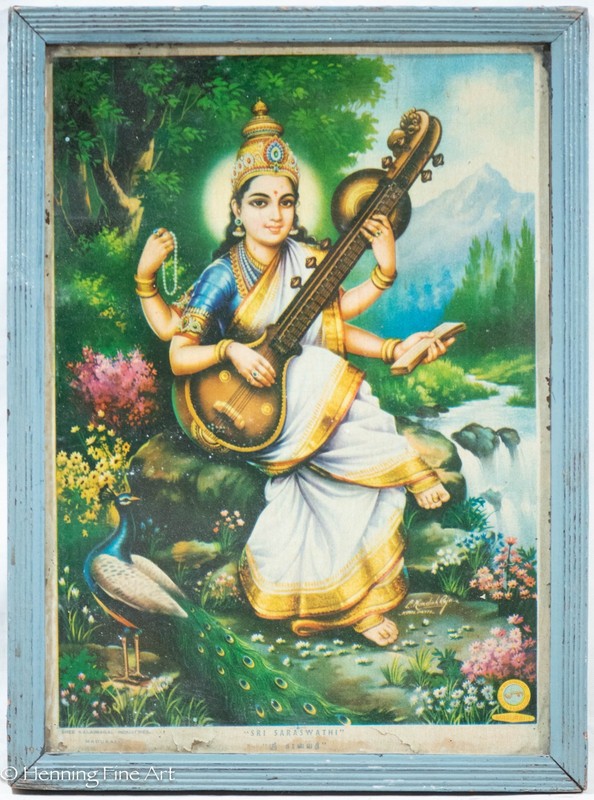 Rare Vintage Hindu Lithograph of Sri Saraswathi by Sree Kalaimagal 15×11″