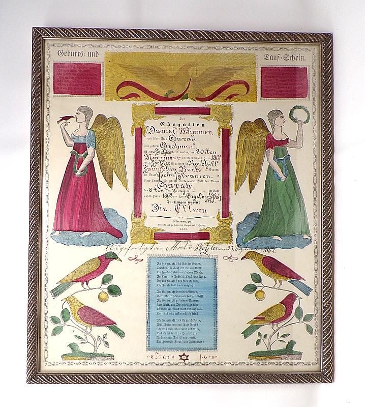 1862 PENN. DUTCH FRAMED HAND-COLORED FRACTUR -FOLK ART -14 3/4″» X 17 1/4″ (C)