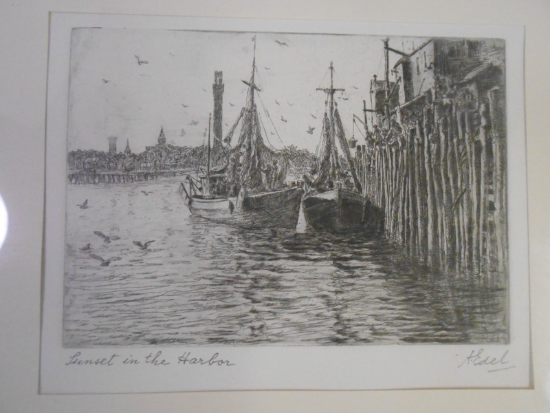 Albert Edel (1890 – 1961) Framed Signed Etching “Sunset in the Harbor” gallery