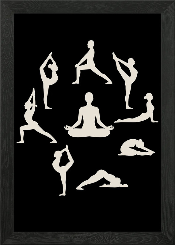 Yoga Poses Silhouettes on Black Bac Framed Wall Art Poster Canvas Print Picture