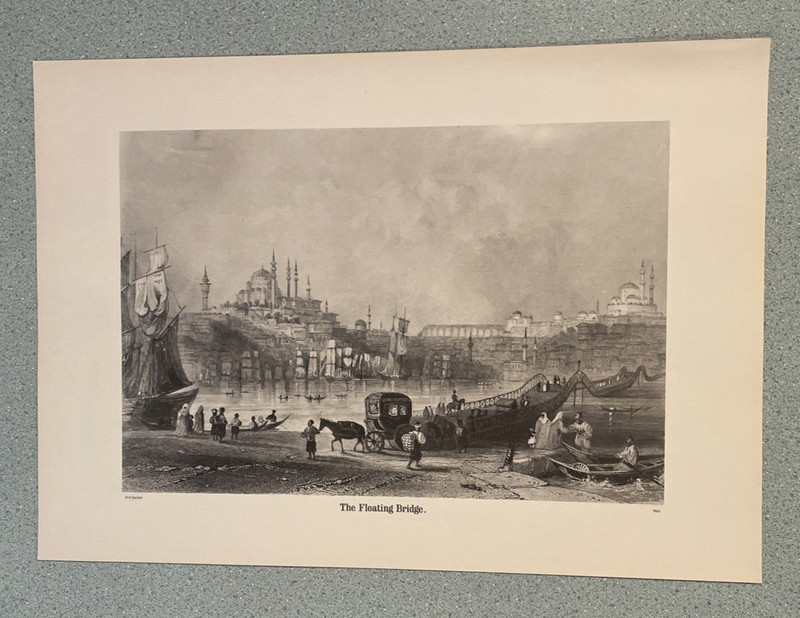 W. H. Bartlett, The Floating Bridge, B&W 9 x 14" print, 1860, Turkey Landscape