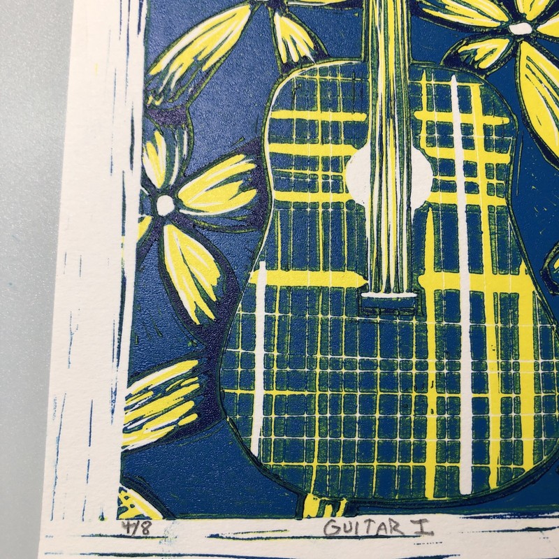 5" x 7" Reduction Linocut Print 3 Color Unframed “Guitar I” #4/8 Music Flowers gallery