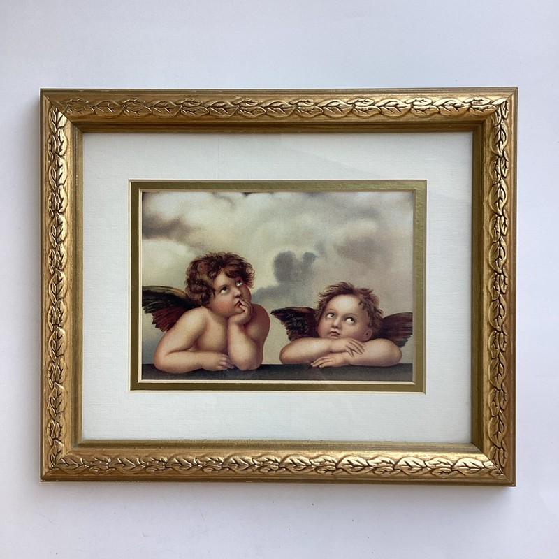 Vintage Raphael Angels Cherubs Sistine Madonna Framed Art Print Gold Wood 12×10
