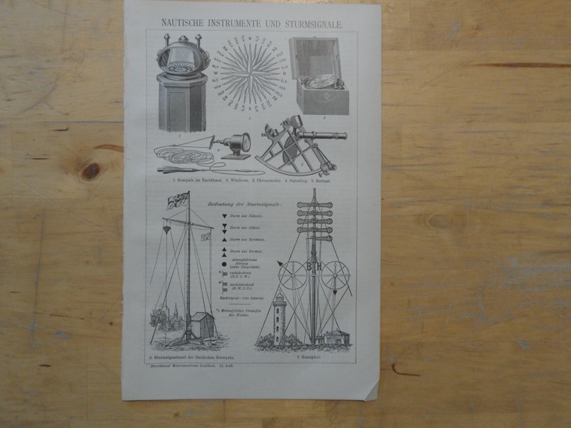 Orig.(1893) Holzstich Nautische Instrumente und Sturmsignale Schifffahrt (B13)