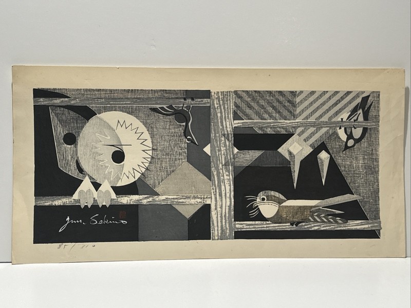 Junichiro Sekino Woodblock Print Rare Mid Century Modernist ABSTRACT BIRD Large gallery