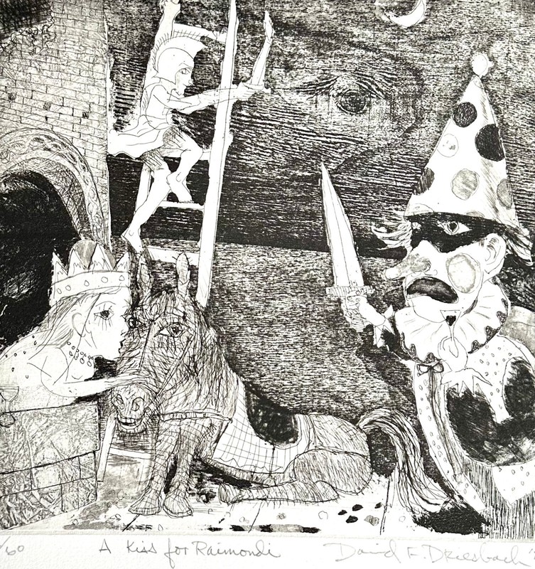 A KISS FOR RAIMONDI intaglio David Driesbach 1985 printmaking fairy tale NEW PRI gallery
