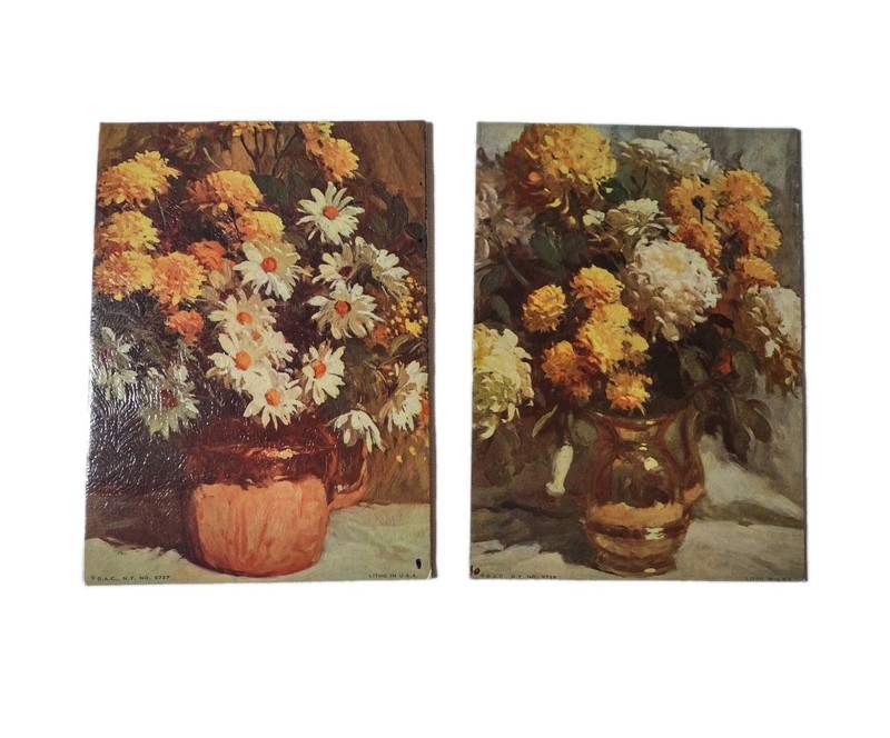 2 Floral DAC Ny Litho In USA 5×7″ Vintage Art Panels Prints Yellow White Daisies